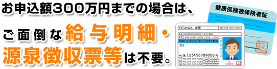 お申込額300万円までの場合は、ご面倒な給与明細・源泉徴収票等は不要。
